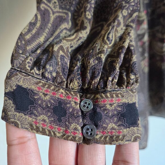 Joie Gareth 100% Silk Georgette Bohemian Paisley Blouse Brown Sz Small Button Up - Picture 8 of 10
